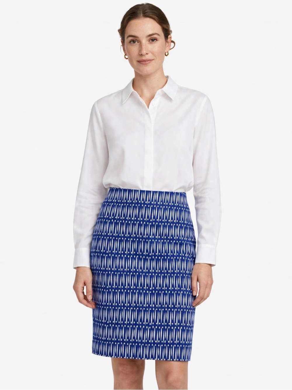 💙🤍 Ann Taylor Royal Blue White Geometric Ikat Pencil Skirt Size 6 Fully Lined